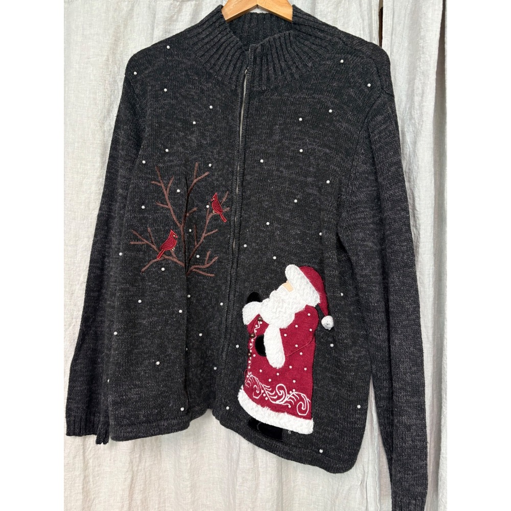 Mandal Bay Womens XL Christmas‎ Zip Up Sweater Santa Cardinals Beads Charcoal